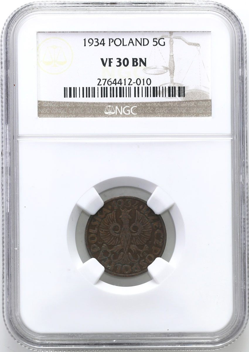 II RP. 5 groszy 1934 NGC VF30 - NAJRZADSZY ROCZNIK